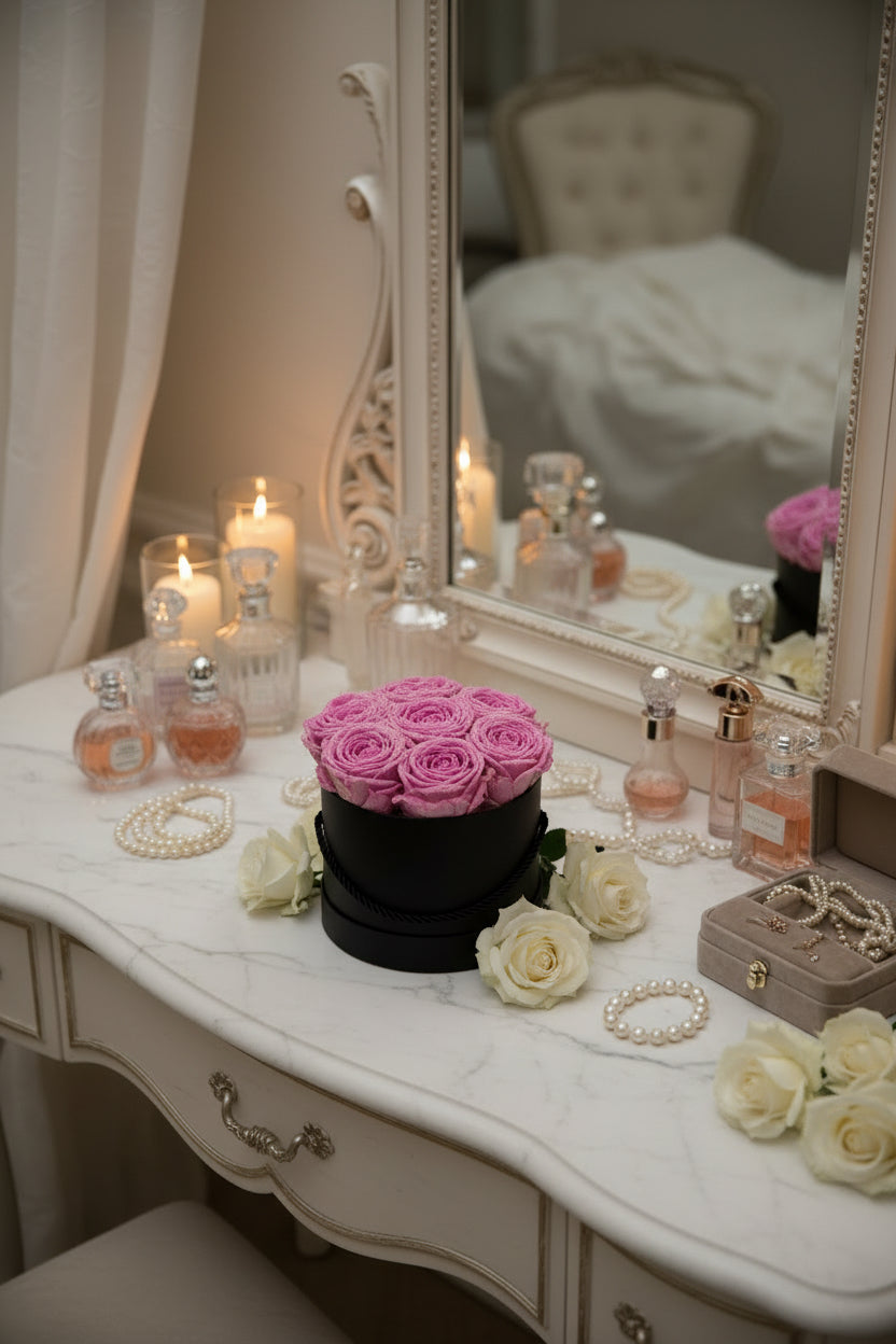 Black round box with pink roses on a black background