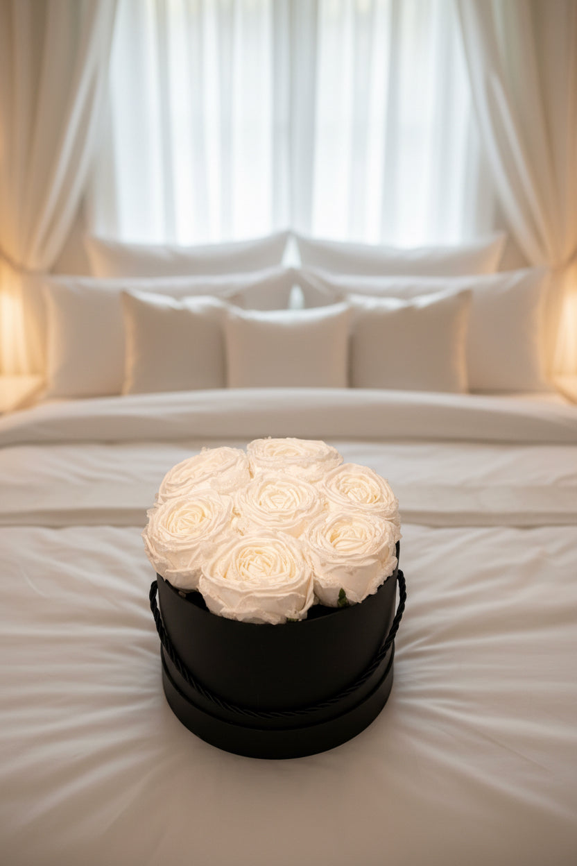 Black box with white roses on a black background