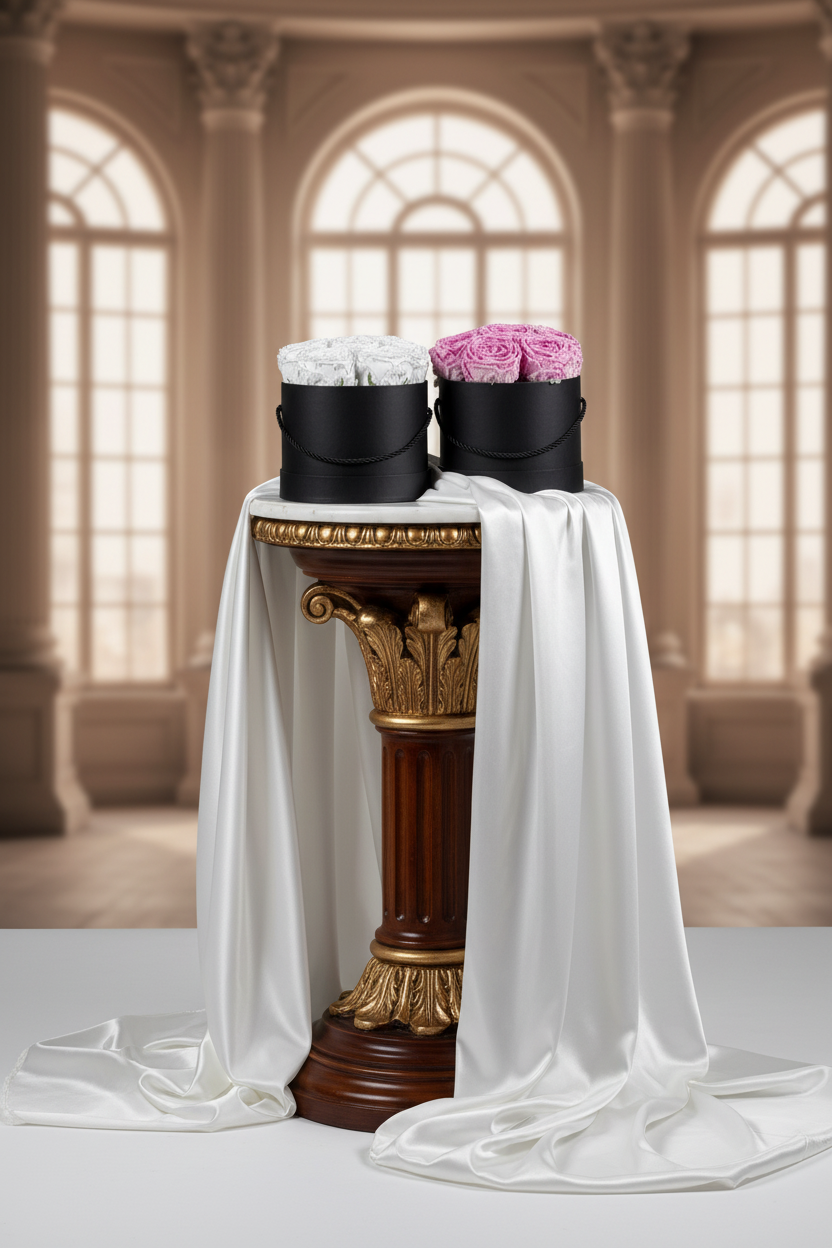 Two black round boxes with white and pink roses on a decorative pedestal in an elegant room.