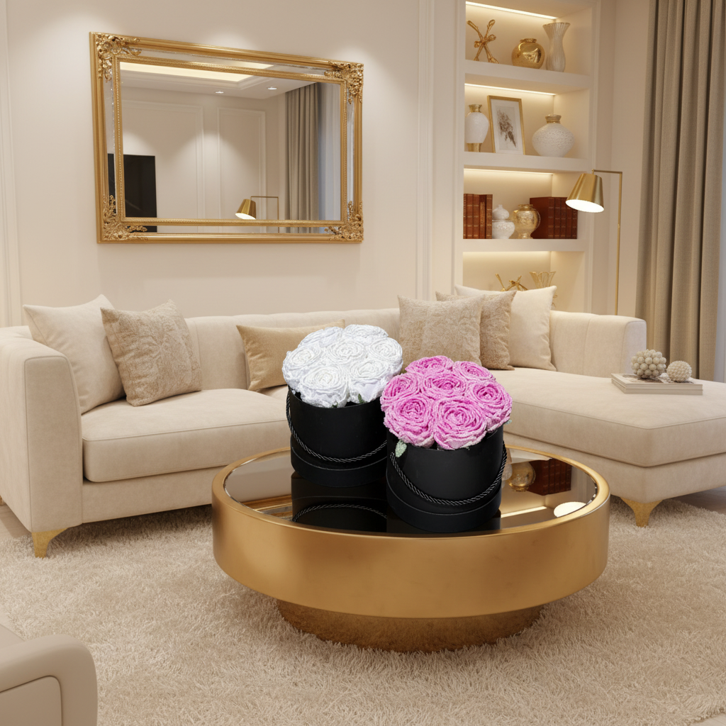 Living room with beige sofa, gold coffee table, and decorative elements.