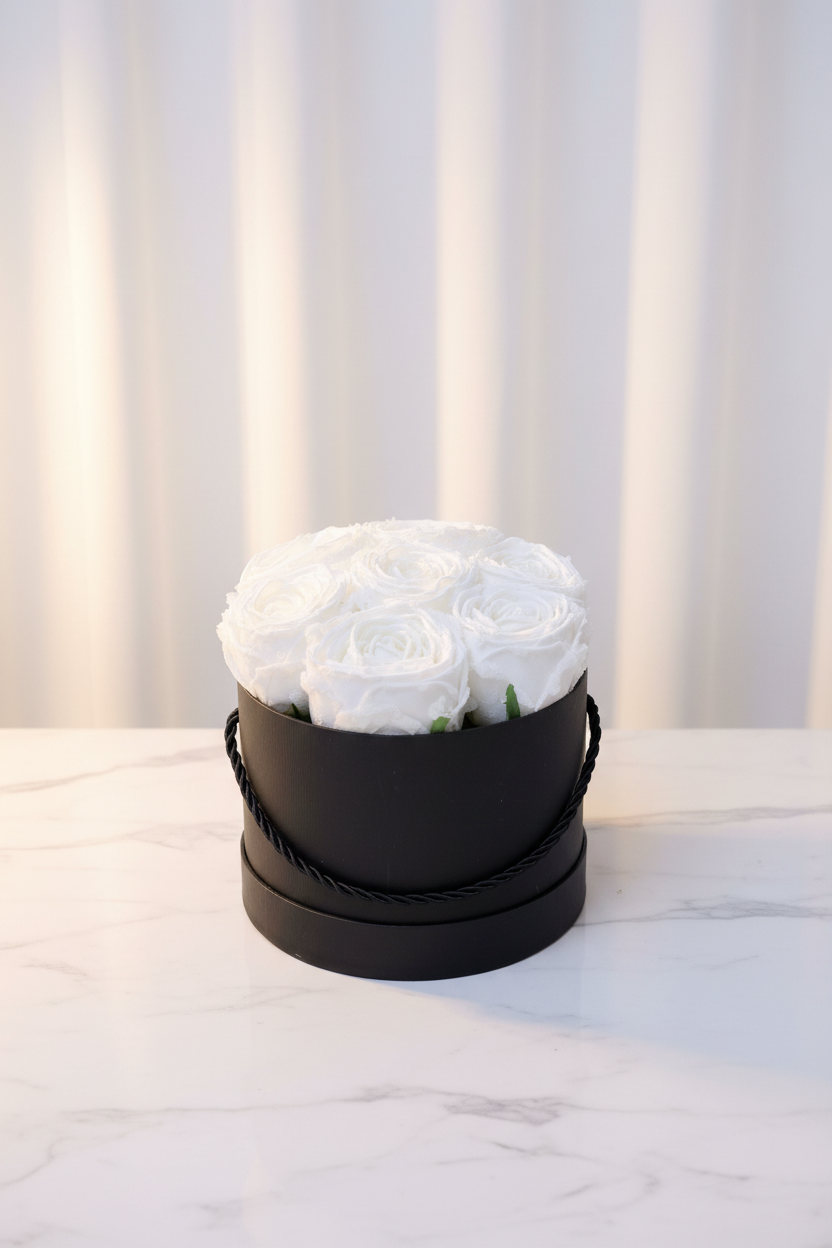Black round box with white roses on a light background