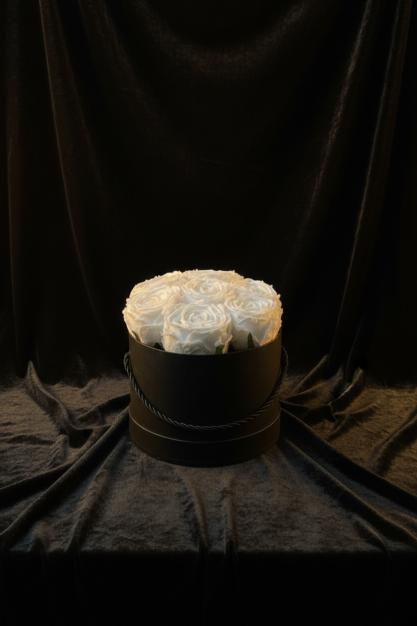 Black hat box with white roses on a dark fabric background