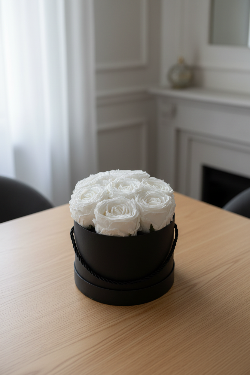White roses in a black box on a wooden table with a blurred background