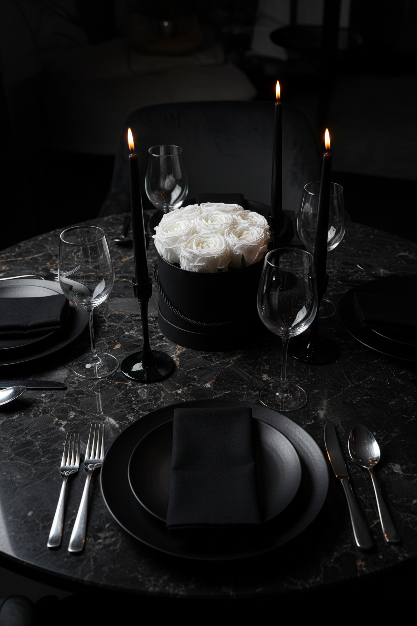 Elegant black and white table setting with candles and flowers on a dark surface.
